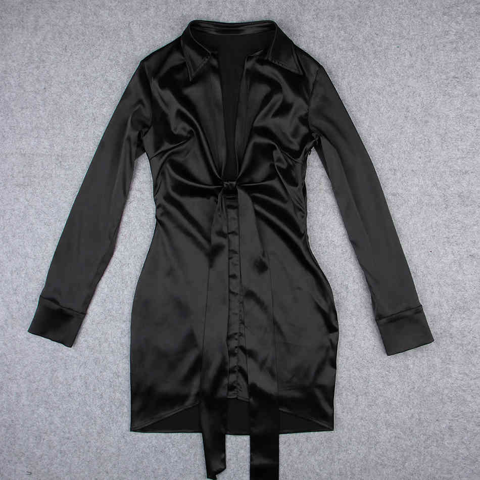Free Women Black Satin Dress Sexy Deep V Neck Long Sleeve Bodycon Lace-Up Club Night Party Mini Vestidos 210524