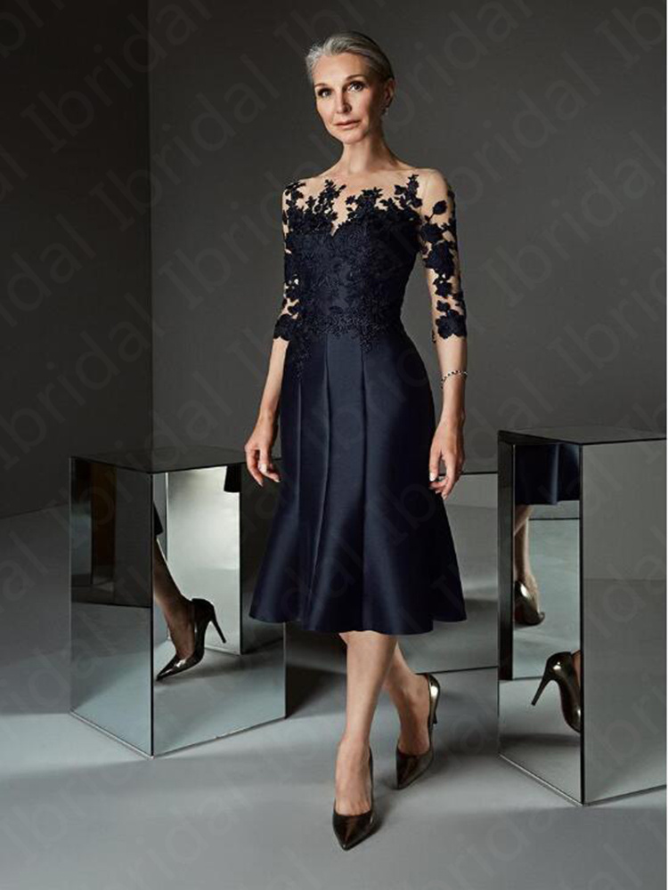 Blue Knee Length Mother of the Bride Dresses Lace Applique with Three Quarter Sleeves Wedding Guest Gowns 2021
