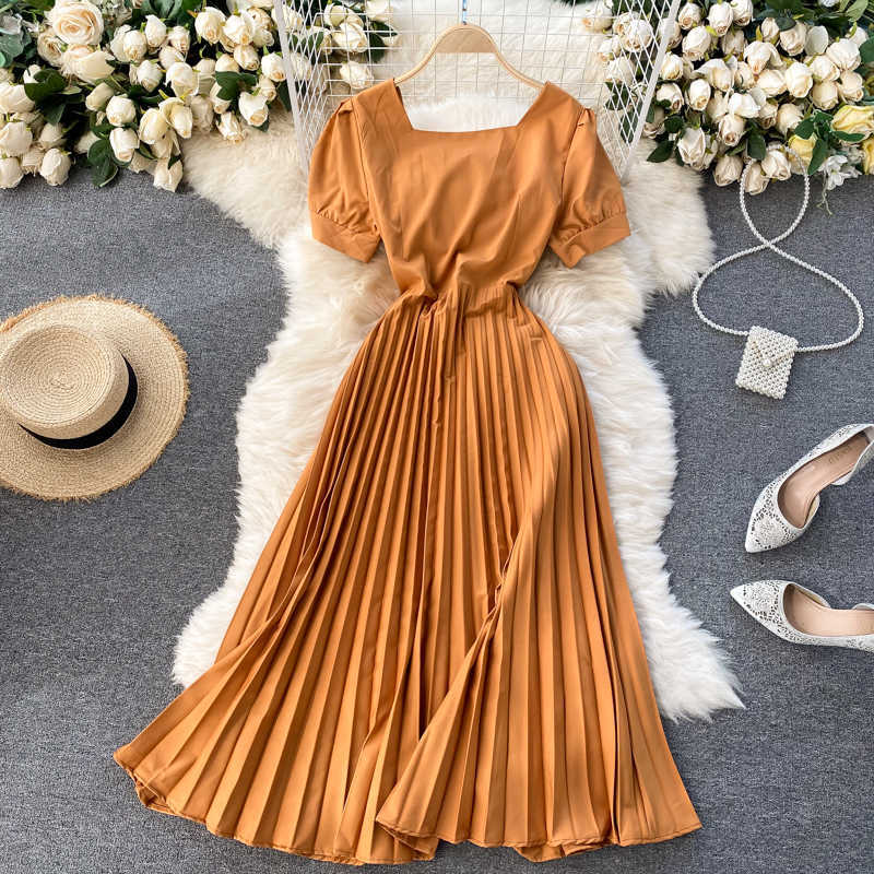 DEAT Summer Arrivals Solid Color Short Sleeve Square Collar High Waist Slim Pleated A-line Midi-Long Dress MZ693 210709