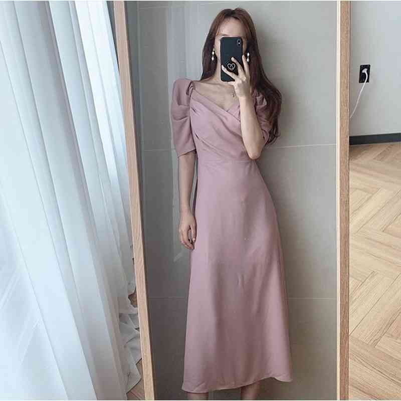 Korea White Dress Women French Style Elegant V-neck Evening Dress Puff Sleeves Party Dresses Lady Long Dresses Women Robe 13904 210519