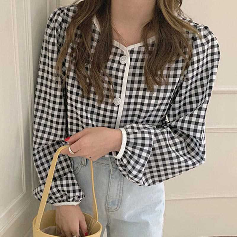 Korejpaa Women Shirt Summer Korean Chic Girl Gentle Loose Single-Breasted Button Cream Plaid Round Neck Contrasting Blouses 210526