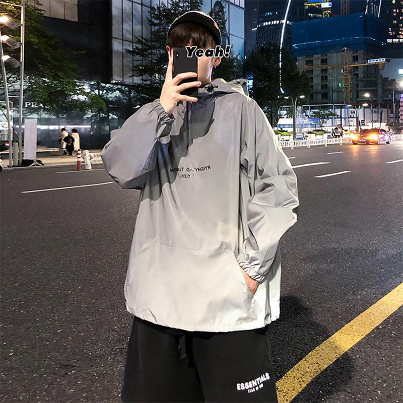 Oversized Reflective Pullover Jacket Men Spring Hooded Loose Outerwear Fashion Street Coat Windbreaker Clothing Male Plus Size Men's Jackets