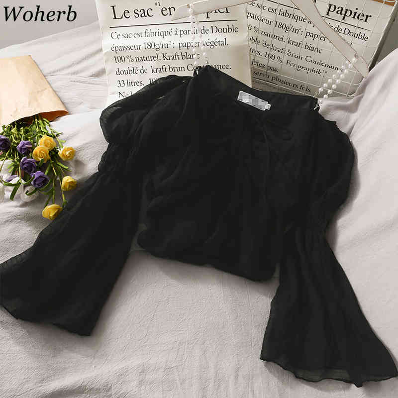 Bandage Pleated Blouse Women Sexy Off Shoulder Tops Solid Sweet Cute Shirt Summer Elegant Ladies Mesh Blusas 210519