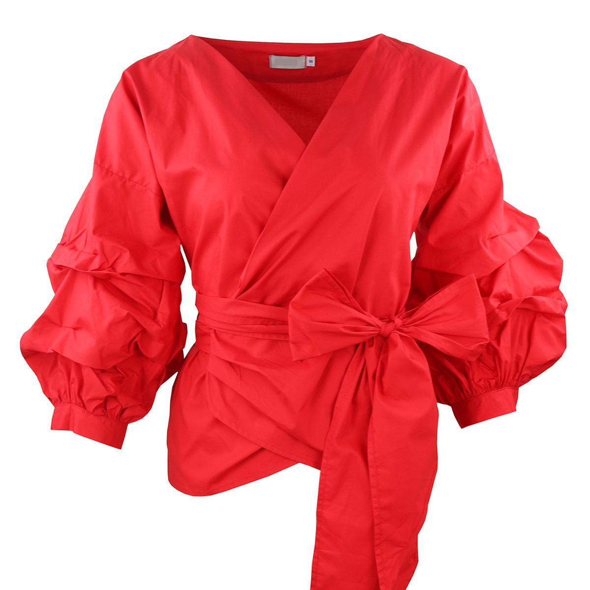 Women Blouse Cotton White Shirt V Neck Puff Sleeve Shirts Bow Bandage Ladies Tops Black Vintage Autumn 210513
