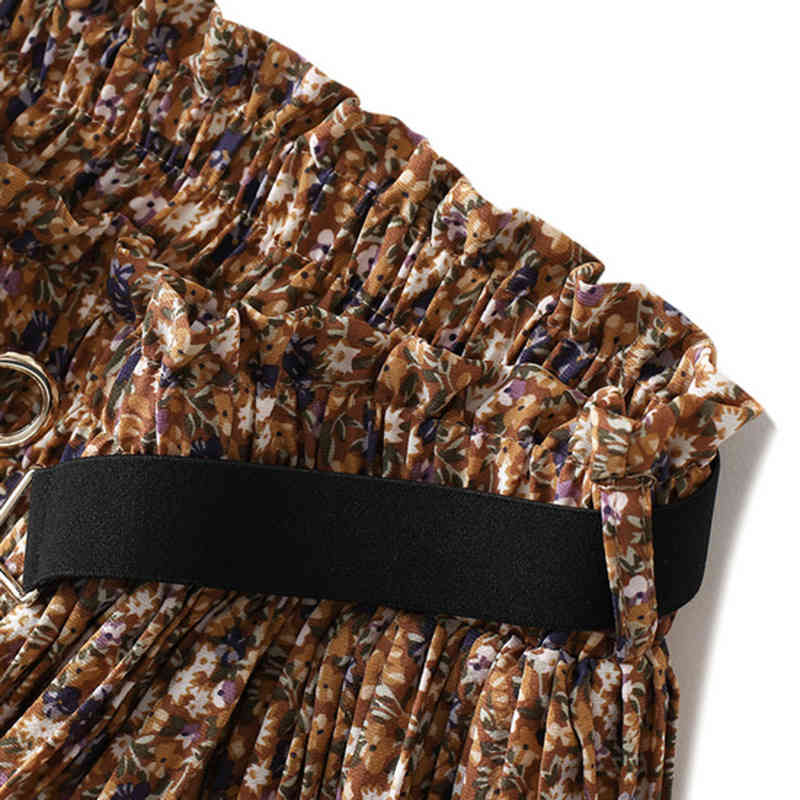 Women floral printed skirts A-line Pleated Long with belt Skirt Femme High Waisted Runway Soft chiffon Skirts Womens Jupe 210524