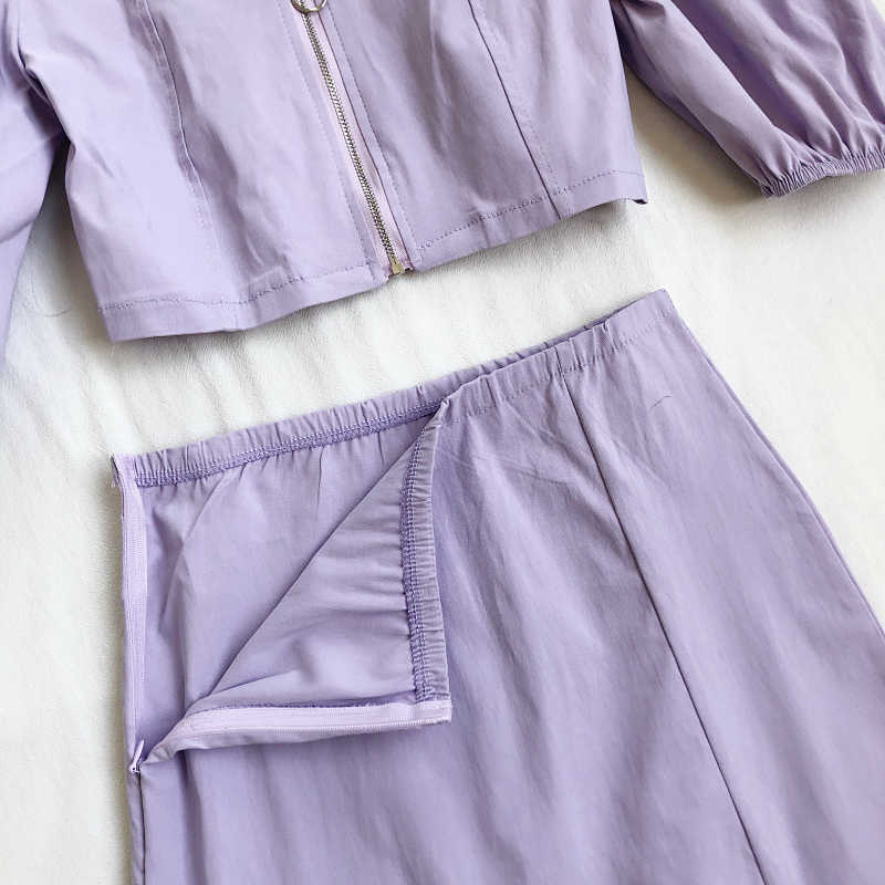 LY VAREY LIN Summer Women Two Piece Set Fashion Puff Sleeve Square Neck Short Tops+ Sexy Split Mini Skirts 210526