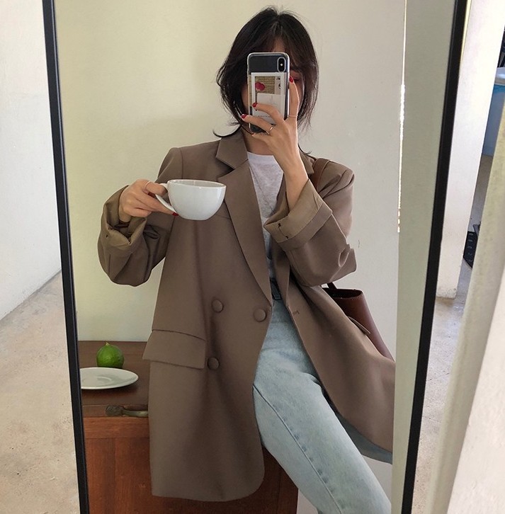 Vintage Chic Loose Light Green Women Blazer Summer One Button Female Suit Jacket Full Sleeve Outwear femme 210519