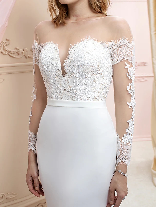2022 Bridal Gown Trumpet Wedding Dress Bateau Neck Court Train Chiffon Corded Lace Long Sleeve Romantic Sexy Appliques Vestido De Noiva Robe De Mariag