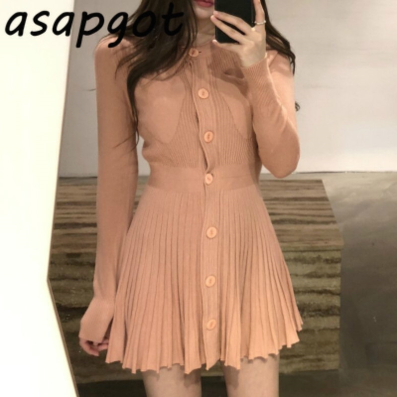 Round Neck Single Breasted Slim Pleated High Waist Temperament Knitted Dress Women Mini Korean Chic Autumn Sweater Vestidos 210429
