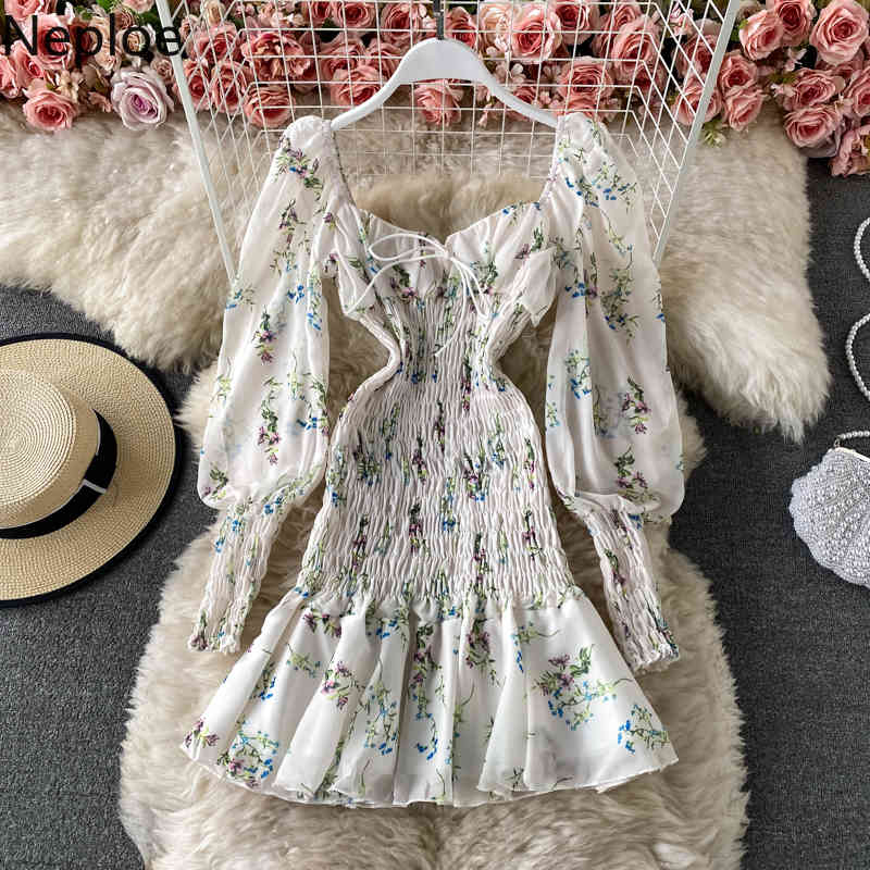 Neploe Spring Dress Woman Square Collar Slim Chiffon Vestidos Ruffles Pleated Lantern Sleeve Floral Robe Bodycon Dresses Women 210422