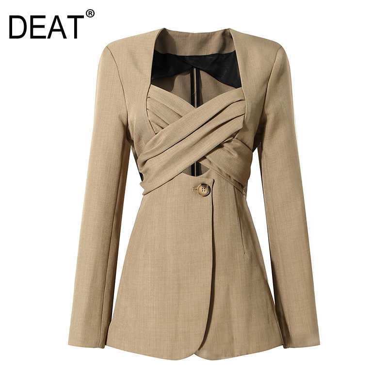 DEAT Fit autumn Fashion Casual Long Sleeve Solid Simple Bow Tie Strap Slim Medium Length Blazer Coat Women SH043 210930