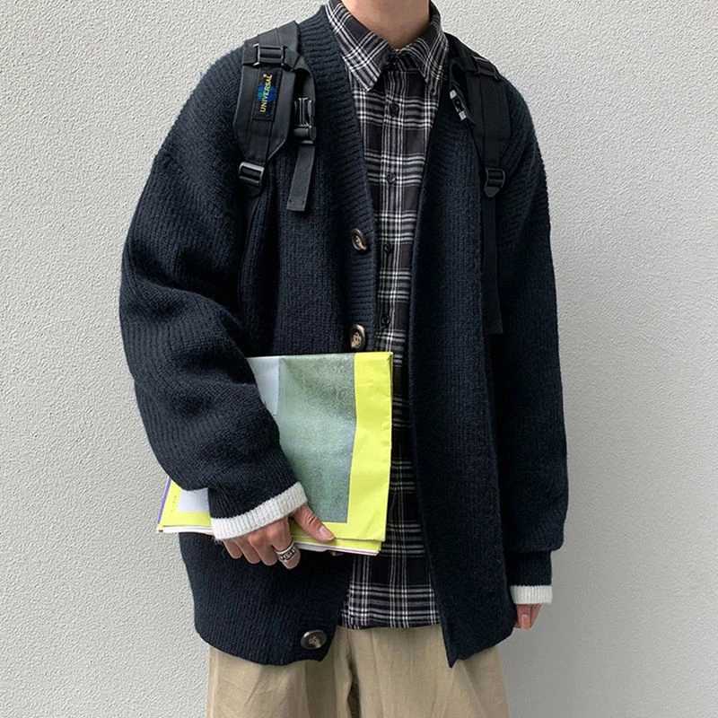 Men Cardigan Autumn Male Outwear Tops Sweaters Knit Solid Loose Casual Preppy Style Korean Fashion Knitwear Coat Pull Homme 211018