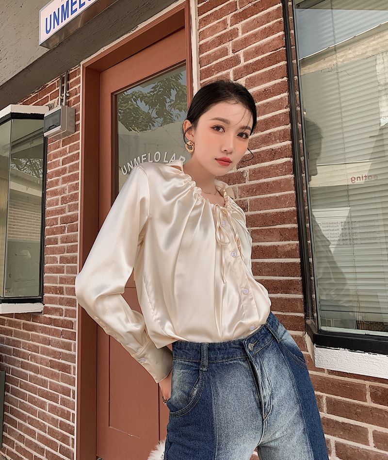 Champagne Satin Blouse Ruched Drawstring Button Up Long Sleeve Ladies Top Korean Spring Fashion Women 210427