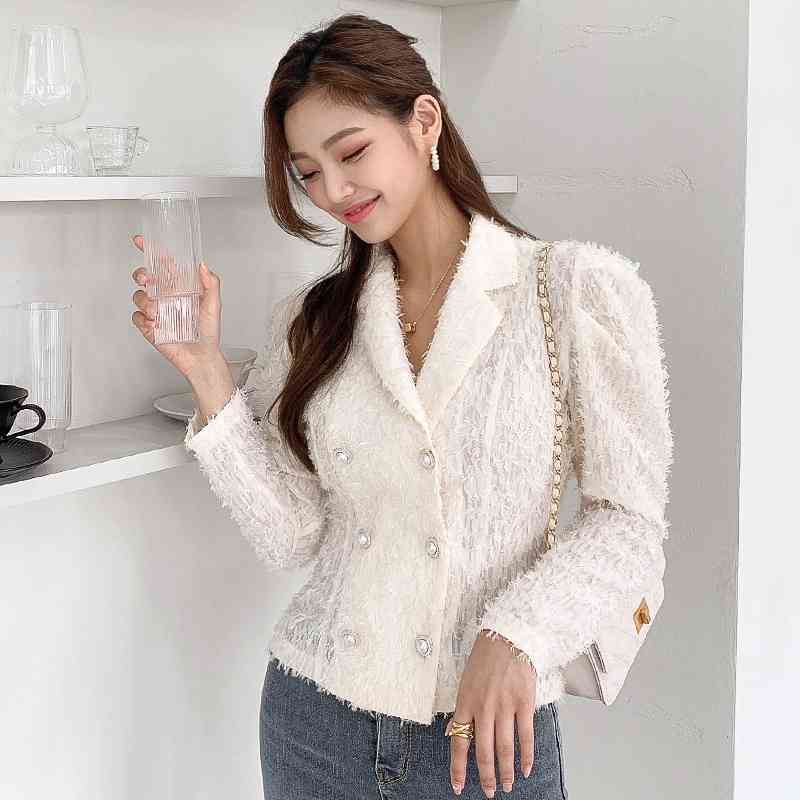 Women Fashion Blouse Korean Chic Lapel Double Breasted Lady Casual Slim Shirt Autumn Long Sleeve Top 210506