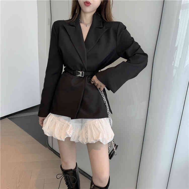 Elegant Women Spring Fashion Office OL Ladies Black Notched Blazers Coat With Belt + White Mini Skirts Suit 210519