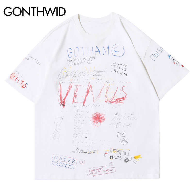 GONTHWID Hip Hop Graffiti Print Short Sleeve T-Shirts Streetwear Harajuku Casual Loose Tees Men Fashion Summer Tshirts Tops 210623