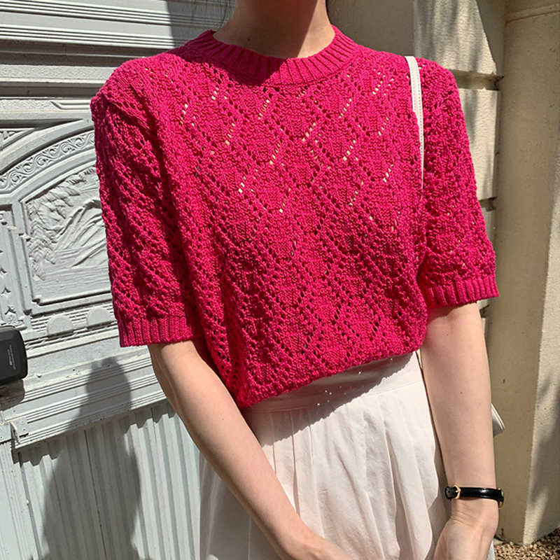 Korejpaa Women T-Shirt Summer Korean Chic Girl Western Style All-Match Round Neck Hollow Thin Puff Sleeve Knitted Pullovers 210526