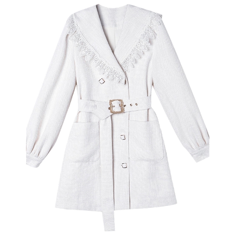 Women Tweed Vintage Woolen White Dress Elegant Double Breasted OL Winter Long Sleeve Vestidos 210520