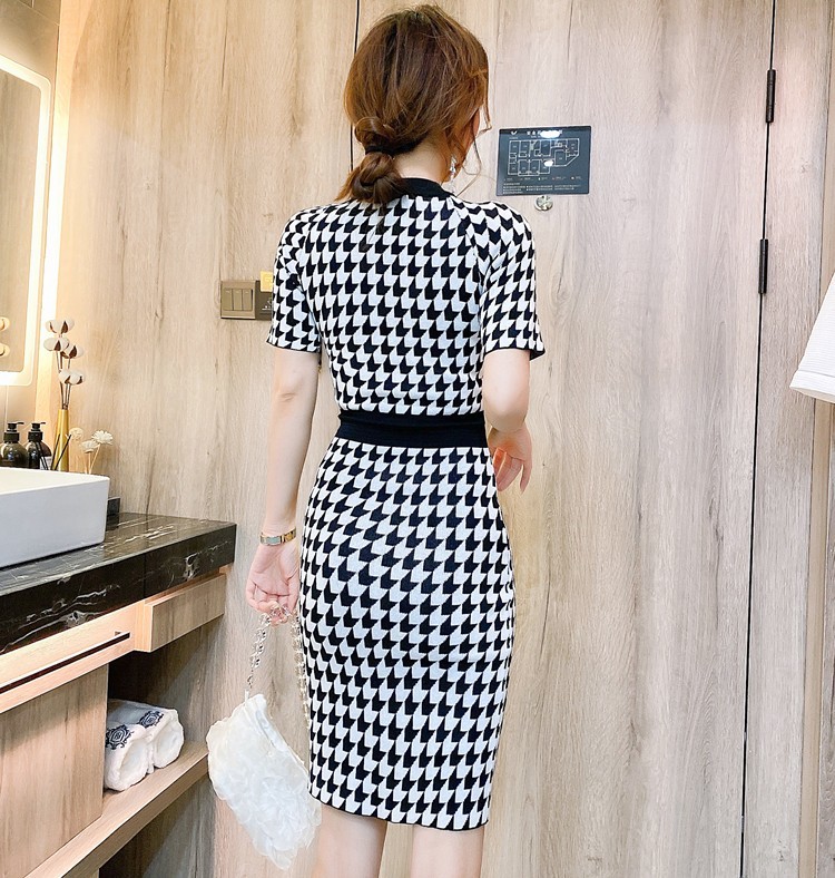 Women Summer Dress Vintage O-Neck Short Sleeve Houndstooth Knitted Bodycon Single-breasted Pencil 210519