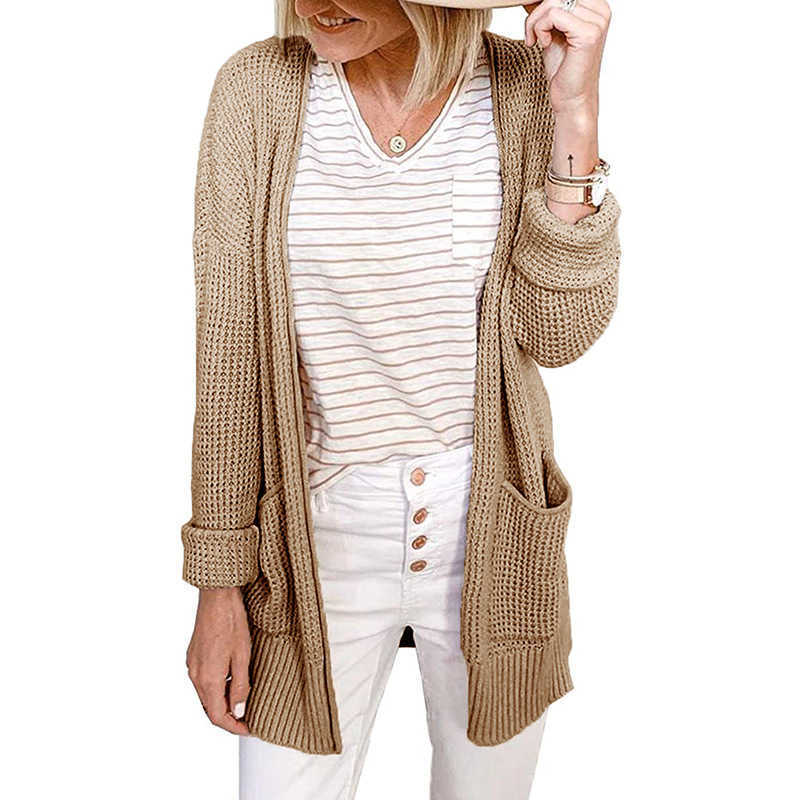 Korean Style Ladies Autumn Winter Loose Slim Sweater Cardigan For Women Mesh Plaid Pattern Pockets V-Neck Knitted 210604
