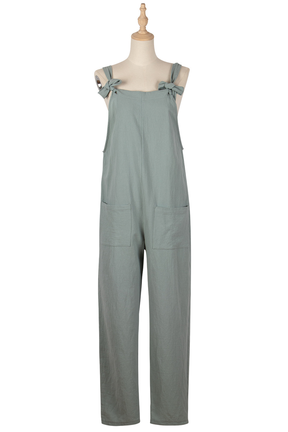 Jumpsuit Overall Women Casual Strap Sleeveless Bow Pocket Loose Cotton Linen Blue Playsuit Spring Autumn Femme Solid Long Romper 210522