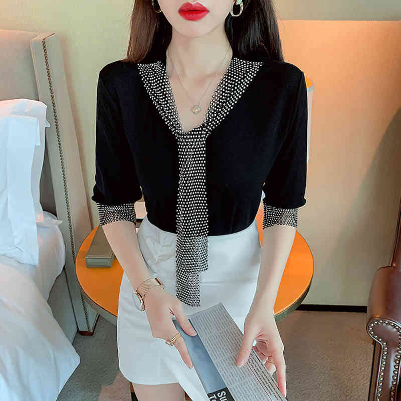 Korean Blouse Summer Womens Bright Diamond Tops And Blouses Office Lady Solid Color Sexy V-neck Long Sleeve Top 210515
