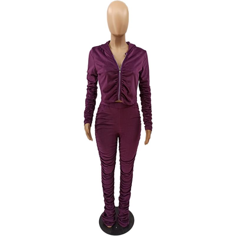Women's Tracksuits 2021 Autumn Velvet Stacked Set Zipper Hoodies Ruched Pants Sport Tracksuit Two Piece Outfit Active Sweatsuit