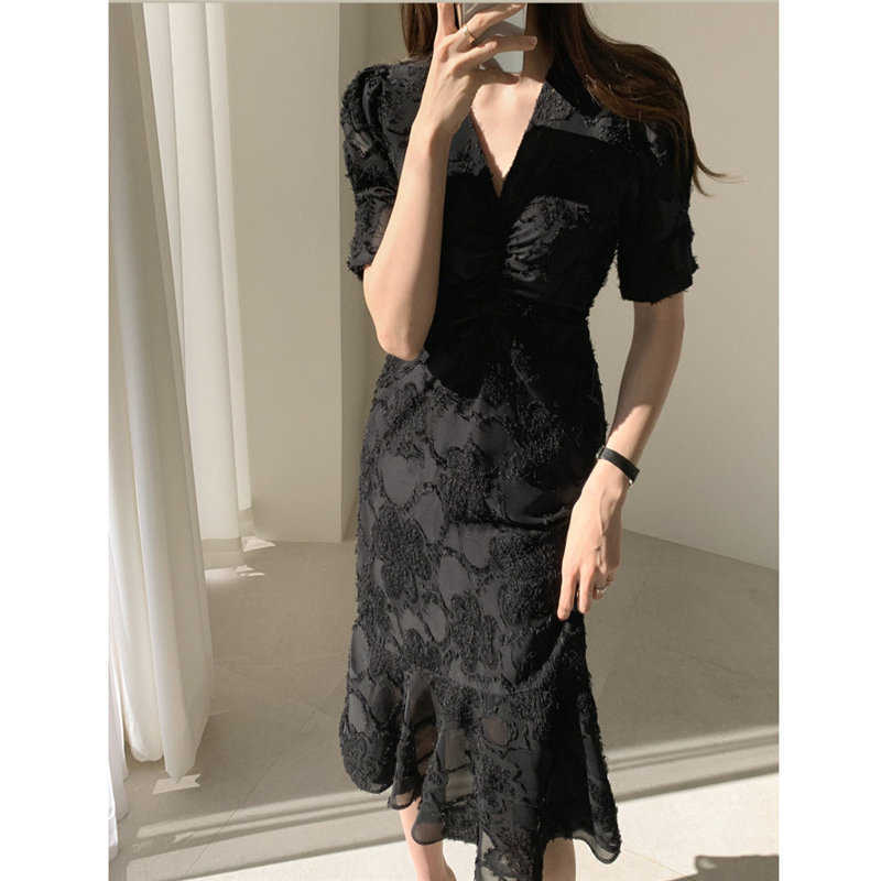 Alien Kitty Stylish V-Neck Elegant Waist-Controlled Slimming Early Spring Plus Slender Ruffles Short-Sleeved Long Dress 210630