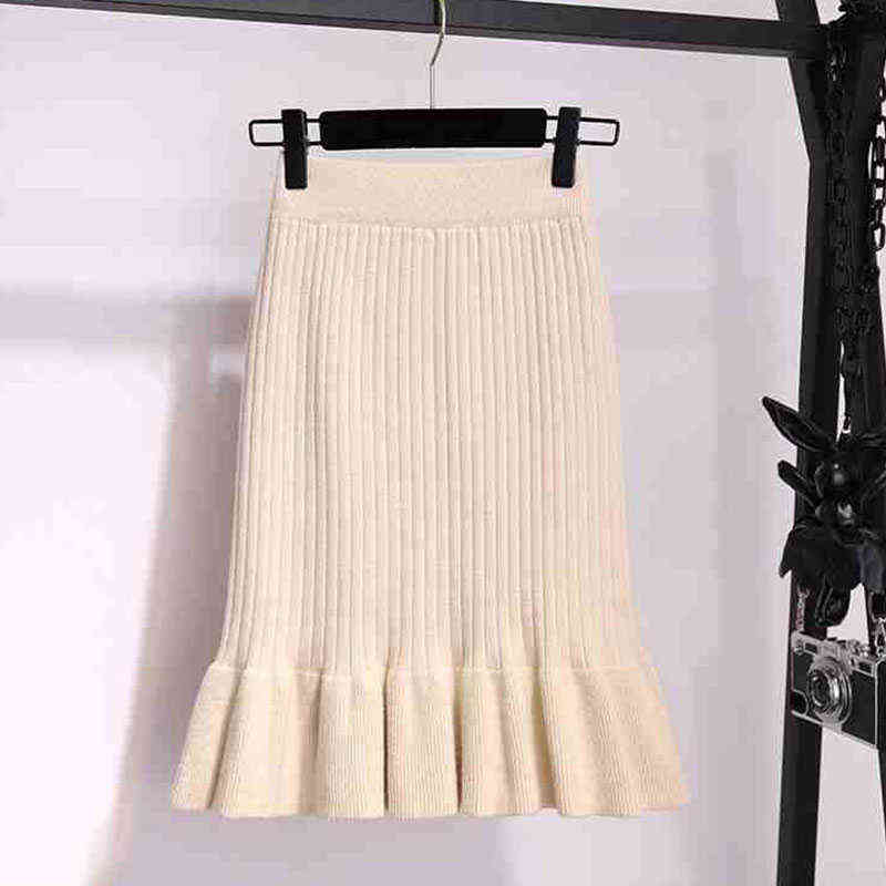 Lucyever Women High Waist Knitted Skirts Solid Elastic Mermaid Knitting Ribbed Female Autumn Winter Warm Mid-Long 211119