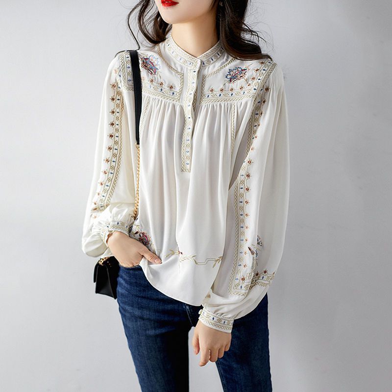 Lady Large Size Fashion Printed Shirt Women's Spring Summer New Retro Bohemian Long Lantern Sleeve Elegant Blouse Tops P191 210317