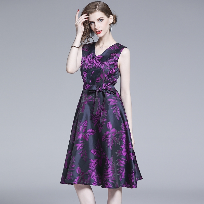 High Quality Fashion Spring And Summer Purple Jacquard Dress Sexy V-Neck Sleeveless Lace-Up Slim Waist Vestidos 210520