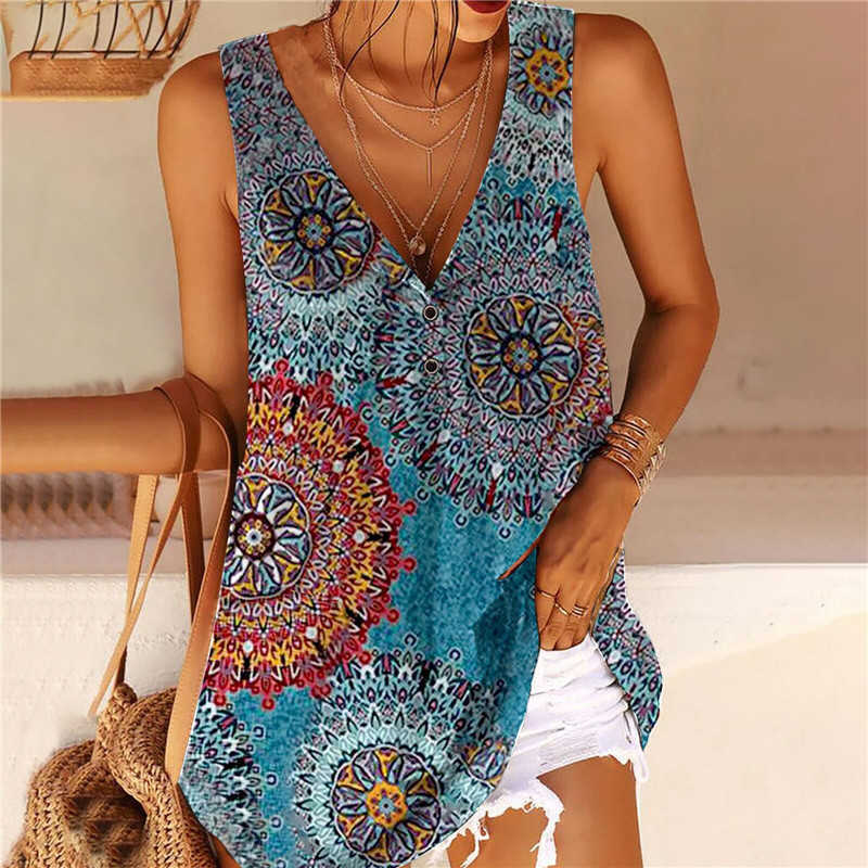 Sexy V-neck Button Sleevless Top for Women Bohemian Printed Summer 90s Tank Casual Loose Flower Cotton Camisole Oversize 5XL 210604