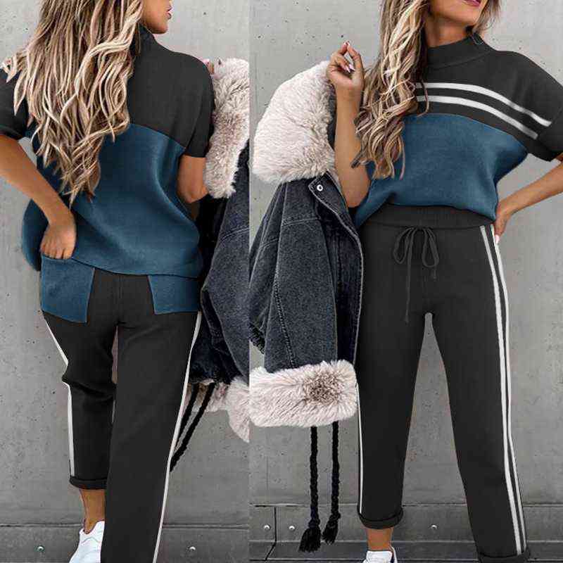 Ladies Casual O-neck Loose Sports Pocket Color Matching Summer Fashion Stitching Trousers Y2K With Suit Women 211115