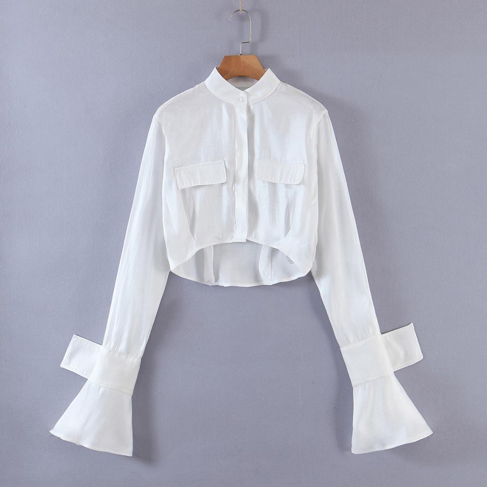 Sexy Stand Collar Double Pockets Short Women Shirt Bandage Lacing up High Waist Pleated Mini Skirts Crop Top 2 Pieces Set 210429
