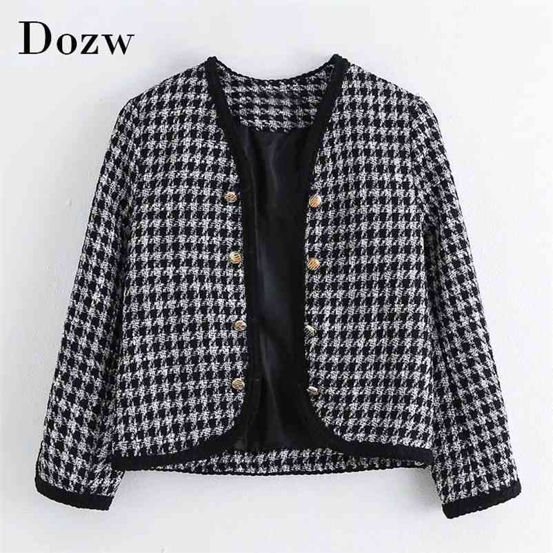 Vintage Plaid Tweed Jacket Coat With Buttons Women Stylish V Neck Short Cardigan Tops Houndstooth Long Sleeve Jackets 210515