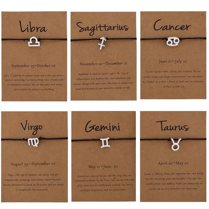 Black Wax Chain 12 Horoscope Bracelet Gold Silver Zodiac Symbol Bracelets Constellation Hand Chain for Women Men Brithday Nice Jewelry Gift with Paper