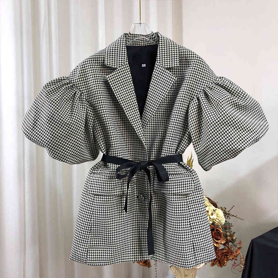 Free High Quality Women Houndstooth Blazer Dress Elegant Lapel Puff Sleeve Single Breasted Lace Up Vestidos 210524