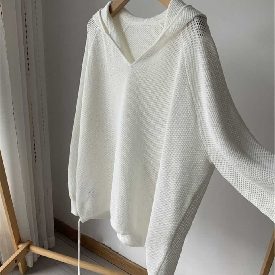 Nomikuma Causal Hollow-out Hooded Sweater Coat Causal Long Sleeve Oversized Knitted Tops Spring Pullover Jumper 6E289 211109