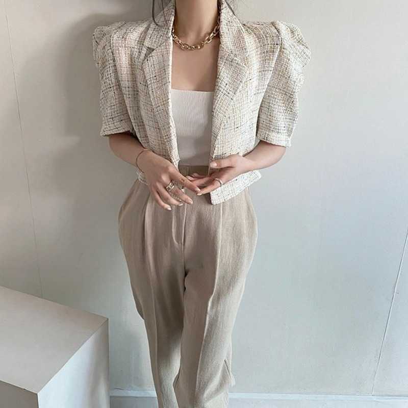 Korea Chic Retro Summer Short Sleeve Lapel Tweed Jacket Straight Puff Sleeve Short Cardigan Coat Crop Tops Fashion Sexy Wild 210928