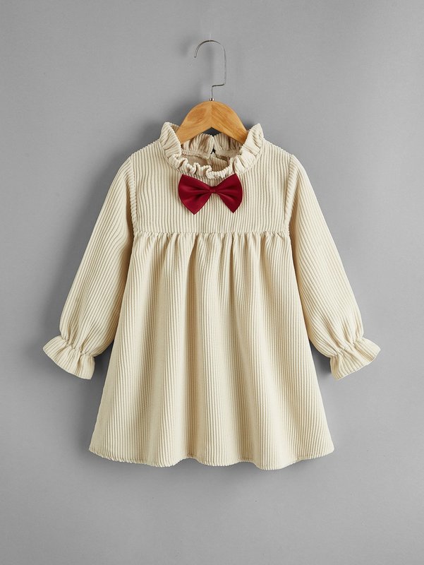 Toddler Girls Frill Neck Bow Front Corduroy Dress SHE