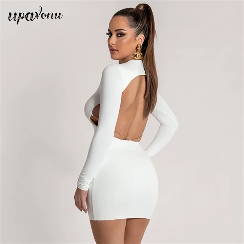 Free Women White Bandage Dress Sexy O-neck Long Sleeve Bodycon Halter Celebrity Club Party Mini Vestidos 210524