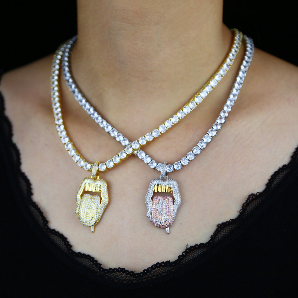 New All Hallows' Day Gift pendant Jewelry For Women Iced Out Bling CZ Tennis Chain Tongue Pendant Drip Dollar Lip Necklace