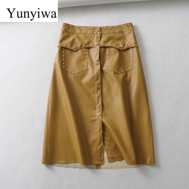 Skirts 2021 Women Vintage Rivet Decorate Double Pockets Faux Leather Midi Skirt Fashion Ladies Elegant Single Breasted A Line Vestidos, As picture
Skirts 2021 Women Vintage Rivet Decorate Double Pockets Faux Leather Midi Skirt Fashion Ladies Elegant Single Breasted A Line Vestidos, As picture