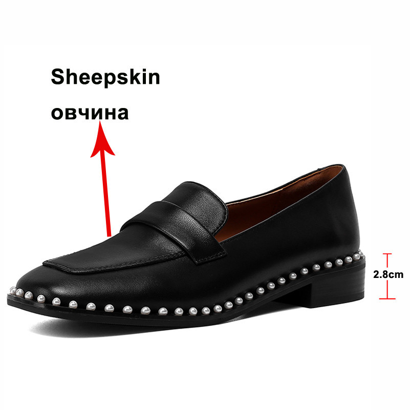 Natural Genuine Leather Low Heels Women Shoes Pearl Thick Heel Sheepskin Square Toe Pumps Female Footwear 210517