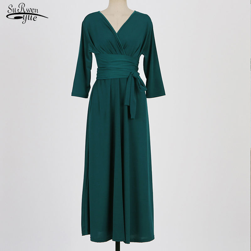 V-Neck Solid Midi Dress Women Bow Belt Vintage Elegant Party High Waist A-Line Female Sexy Vestidos 13020 210508