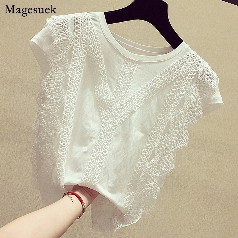 Summer 2021 New Womens Tops Korean Fashion Clothing Plus Size Solid Lace Patchwork Shirt Hollow Out Blouse Women Blusas 4835 50 210317