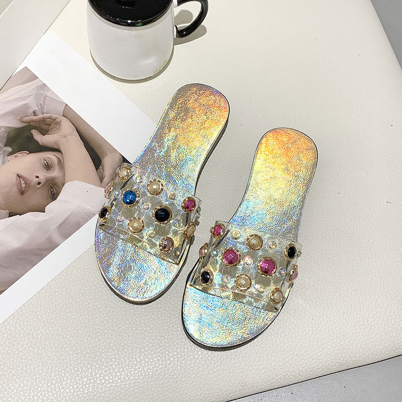 Women Summer Rhinestone Slippers Woman Transparent Colorful Ladies Flats Slides Bling New Open Toe Female Elegant Casual Shoes rth45w4j5j