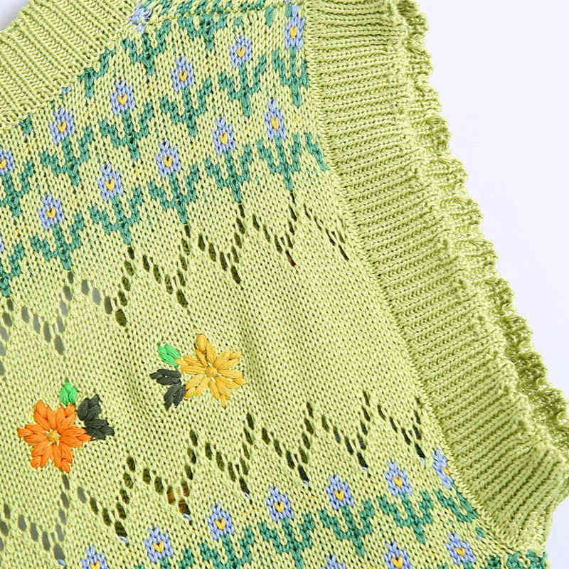 PUWD Sweet Women V Neck Single-breasted Vest Spring-autumn Fashion Ladies England Style Female Flower Knitted Top 210522