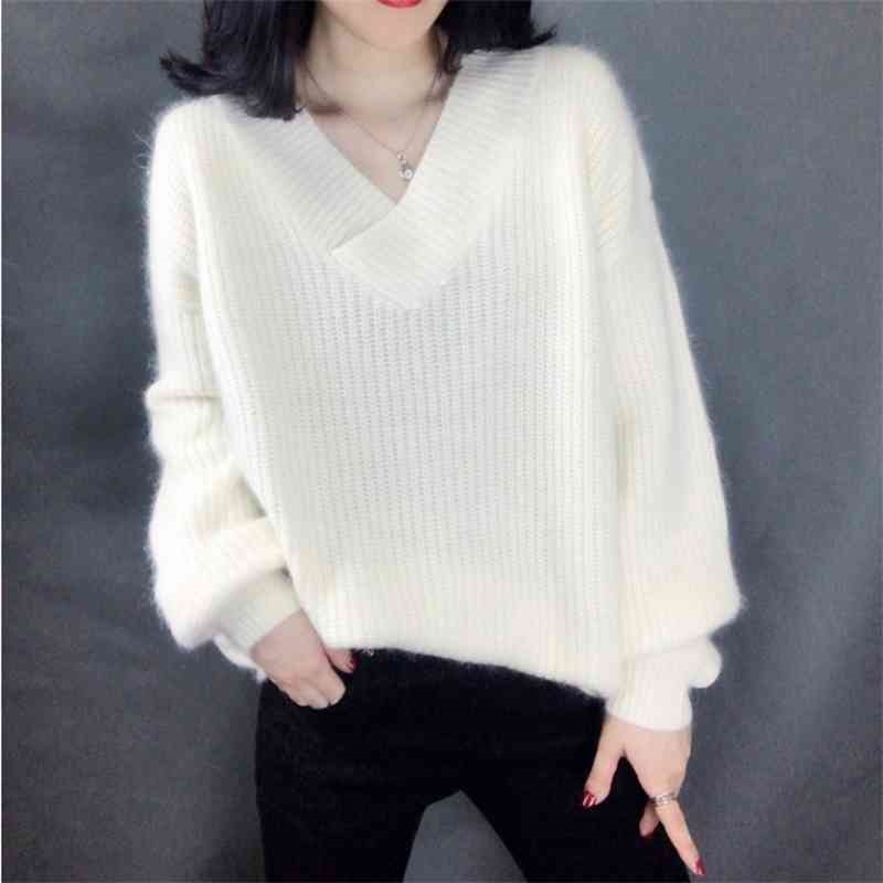 Korean Style Winter Clothes Women V-Neck Long Sleeve Casual Loose Pullover Ladies Autumn White Knitted Femme Chandails 210604
