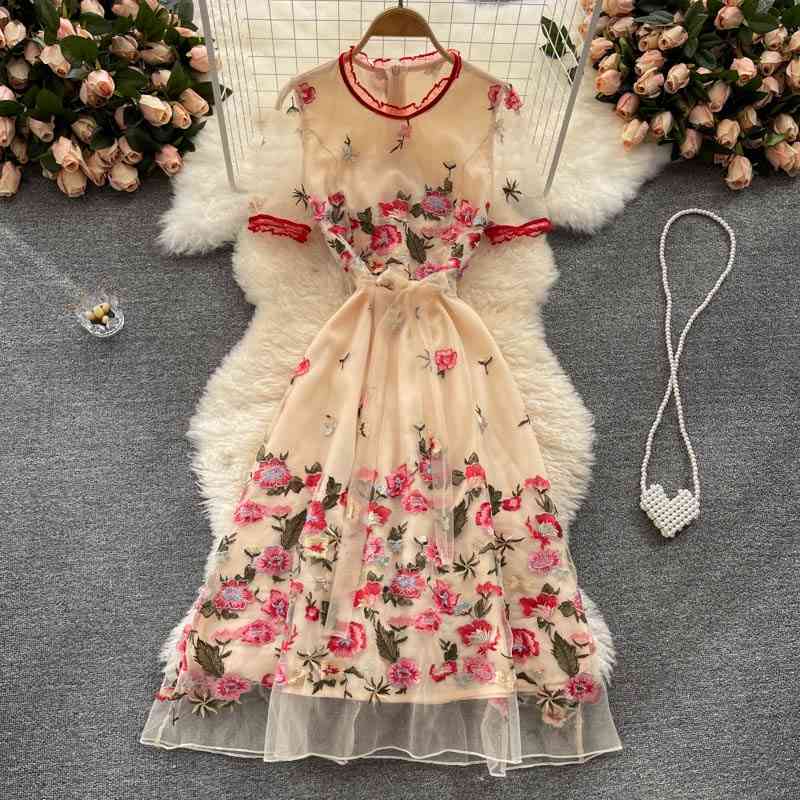 Comelsexy Fashion Summer Dress Women's Mesh Embroidery Flowers Vintage Elegant Temperament Dresses Vestidos 210515